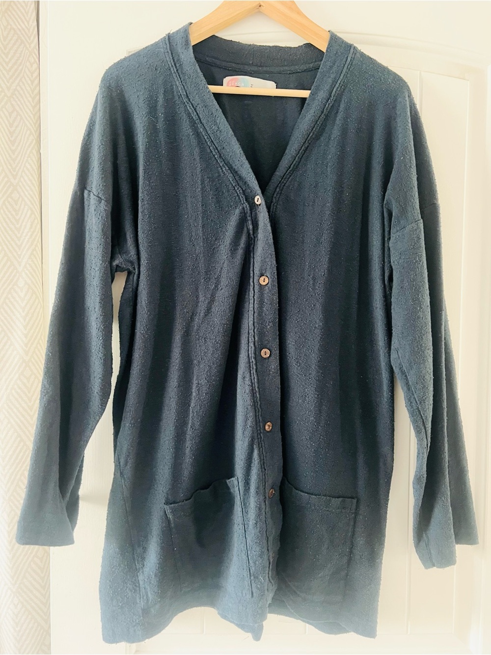 Free People Navy Teal Blue Button-Up Long Lightweight Textured Cardigan Medium